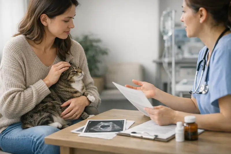 Versicherung für Katzen verstehen Eine Katze beim Tierarzt, während die Besitzerin über die Versicherungswahl spricht.