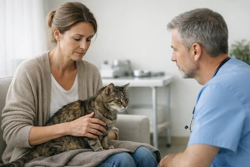 Eine besorgte Katzenhalterin beobachtet ihre Katze, die an Gewichtsverlust leidet.