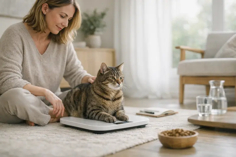 Katzenbesitzer wiegt seine Katze und überprüft mögliche Gewichtsschwankungen.