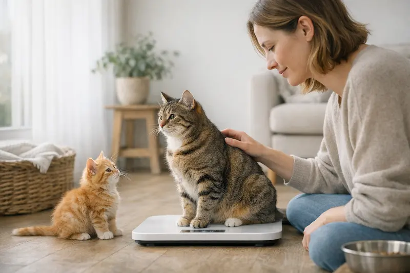 Wie oft sollte eine Katze gewogen werden? Eine Katze wird auf einer Waage gewogen, um ihr Gewicht zu überprüfen.