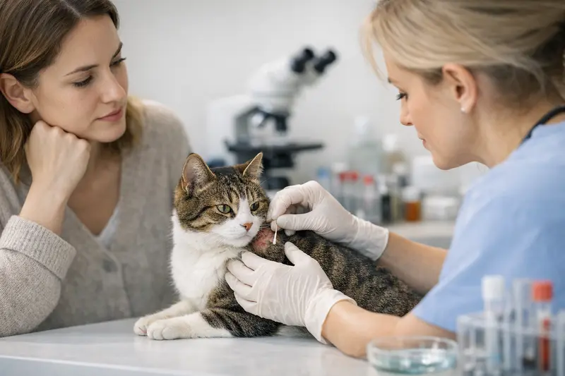 Tierarzt untersucht eine Katze mit Hautproblemen auf Diagnostik.