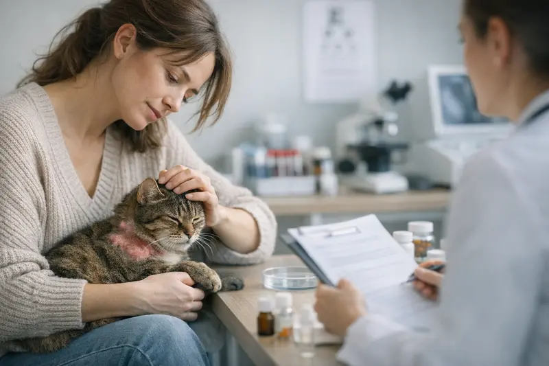 Katzenarzt untersucht eine Katze mit Hautproblemen