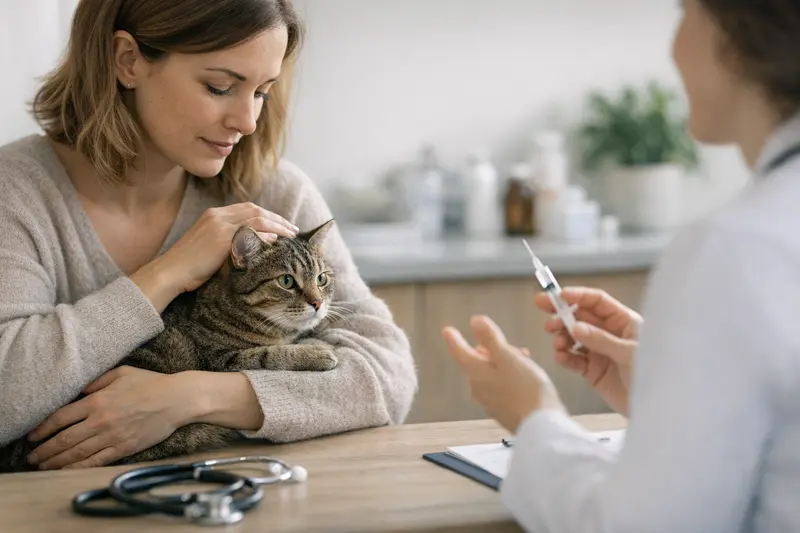 Katzenimpfung und Versicherungsinformationen Eine Katze wird von einem Tierarzt geimpft, während der Halter besorgt zuschaut.