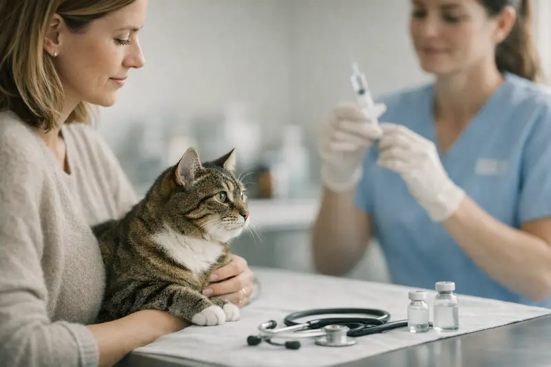 Tierärztliche Untersuchung bei Katzen Eine Katze wird von einer Tierärztin während einer Gesundheitsuntersuchung vorbereitet.