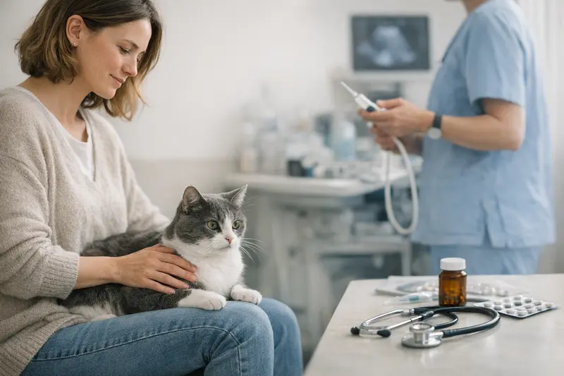 Impfungen für Katzen und ihre Versicherung Eine Katze beim Tierarzt, die für Impfungen vorbereitet wird.