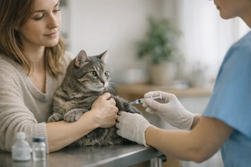 Katzengesundheit und Impfungen Eine Katze wird beim Tierarzt untersucht, um die Notwendigkeit von Impfungen zu klären.