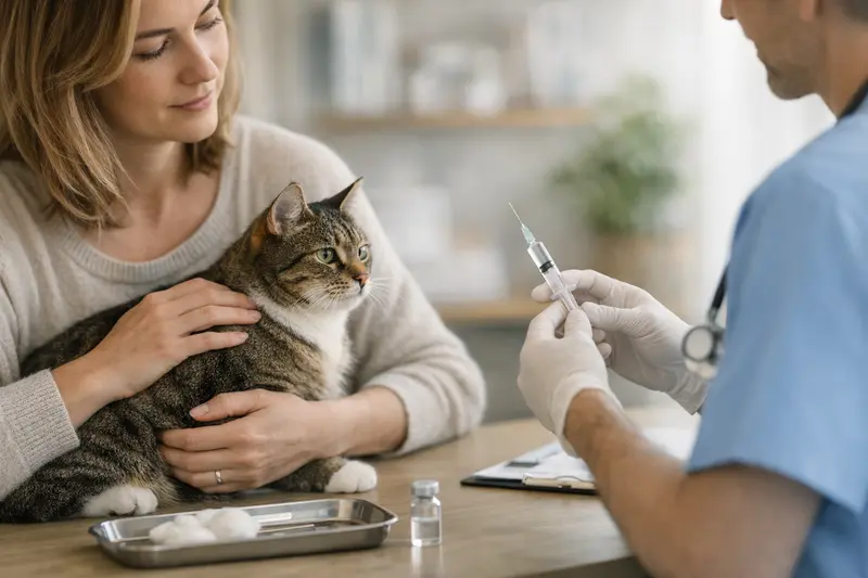 Tierarzt untersucht eine Katze mit Impfpass.
