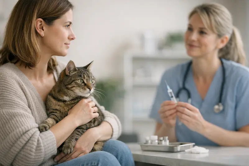 Katze beim Tierarzt für Impfung Katze beim Tierarzt, bereit für eine Impfung zur Gesundheitsvorsorge.