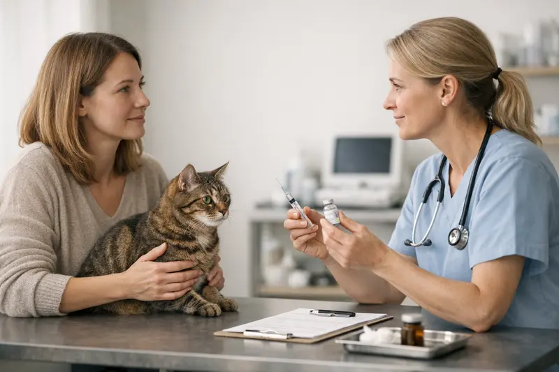 Katzenarzt untersucht eine Katze vor der Impfung, um sicherzustellen, dass sie gesund ist.