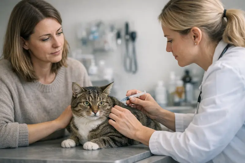 Impfung und Untersuchung einer Katze beim Tierarzt Katze wird beim Tierarzt geimpft und untersucht.
