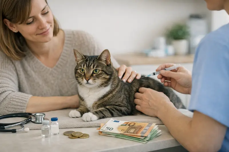 Katzenimpfung und Vorsorgebudget Eine Katze wird beim Tierarzt für Impfungen untersucht, während eine Tierarztkostenaufstellung auf dem Tisch liegt.
