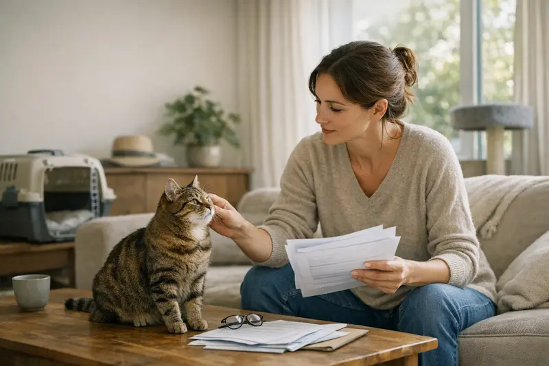 Eine Katze sitzt zufrieden auf einem Tisch während eines Tierarztbesuches, um die Wichtigkeit der Vorsorge bei Katzen zu verdeutlichen.