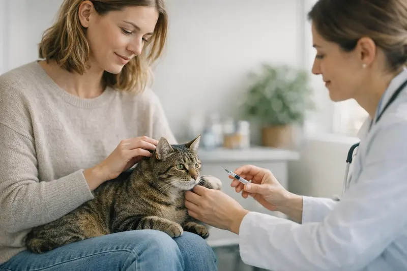 Katzenimpfung und Versicherungsschutz Eine Katze beim Tierarzt, die geimpft wird, symbolisiert die Absicherung durch eine Katzenversicherung für Impfkosten.