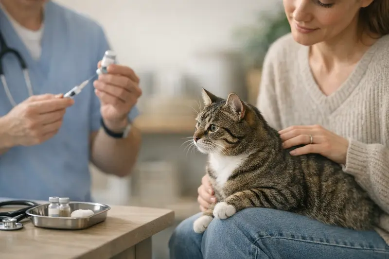 Katzenimpfung und Versicherung Eine Katze wird beim Tierarzt geimpft, was die Katzenvorsorge verbessert.
