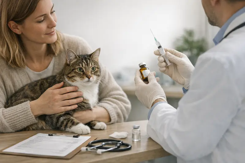 Impfung einer Katze beim Tierarzt Tierarzt bei der Impfung einer Katze, um die Gesundheitsvorsorge zu gewährleisten.