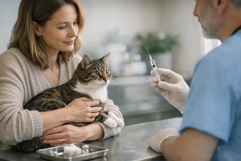 Katzengesundheit: Impfung beim Tierarzt Eine Katze wird von einem Tierarzt geimpft, während die Besitzerin aufmerksam zusieht.