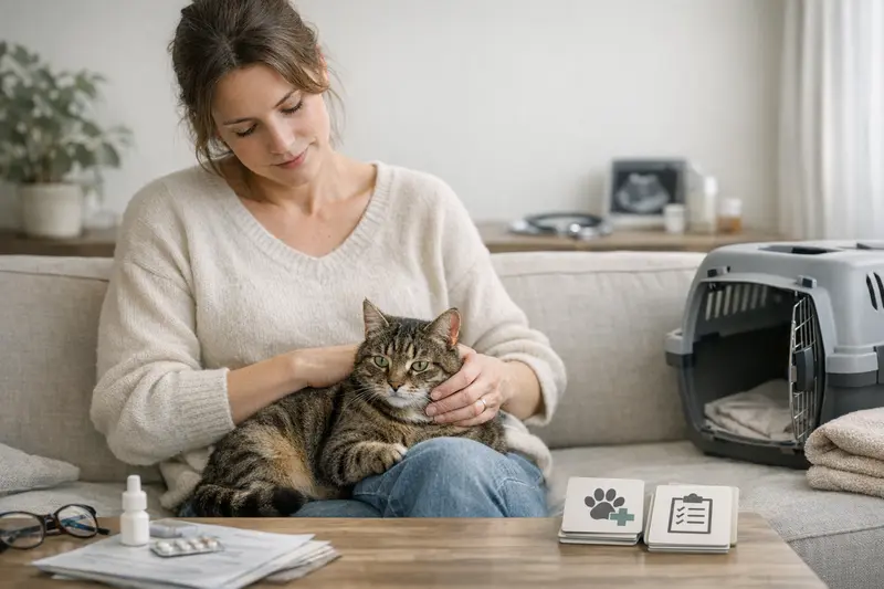Katzengesundheit und Versicherungsoptionen Eine Katze beim Tierarzt, die untersuchen wird, ob eine OP-Versicherung oder Vollschutz besser für sie ist.