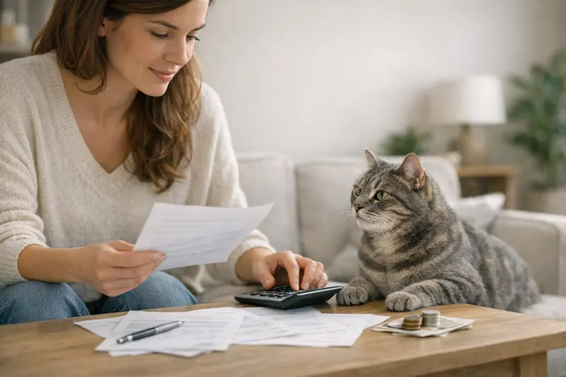 Eine Katze wird von einem Tierarzt untersucht, während Informationen zur Selbstbeteiligung und Erstattung bei der Versicherung bereitgestellt werden.