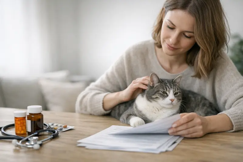 Eine Tierärztin untersucht eine Katze auf Vorerkrankungen, während der Besitzer besorgt daneben steht.