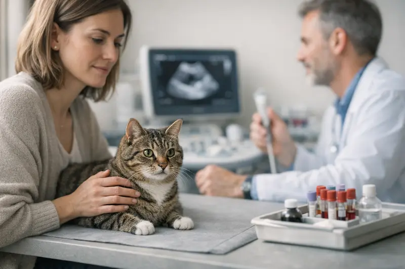 Diagnostik bei Katzenkrankenversicherungen Tierarzt untersucht eine Katze mit Ultraschallgerät