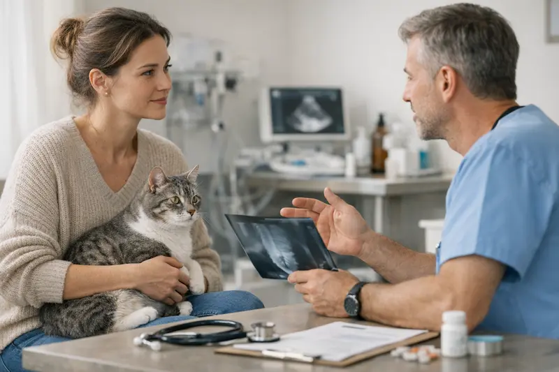Untersuchung beim Tierarzt für Katzen Eine Katze auf dem Tisch eines Tierarztes, die zur Untersuchung bereit ist, symbolisiert den Unterschied zwischen OP-Versicherung und Krankenversicherung.