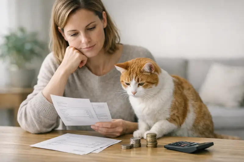 Tierarztkosten und Selbstbeteiligung Ein Tierarzt untersucht eine Katze, während der Halter Fragen zur Selbstbeteiligung bei Tierarztkosten stellt.