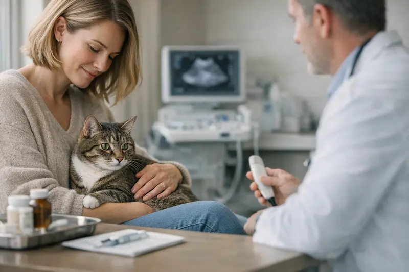 Katzenkrankenversicherung Abschluss Eine besorgte Katzenhalterin zeigt ihrem Tierarzt die Unterlagen für die Katzenkrankenversicherung.