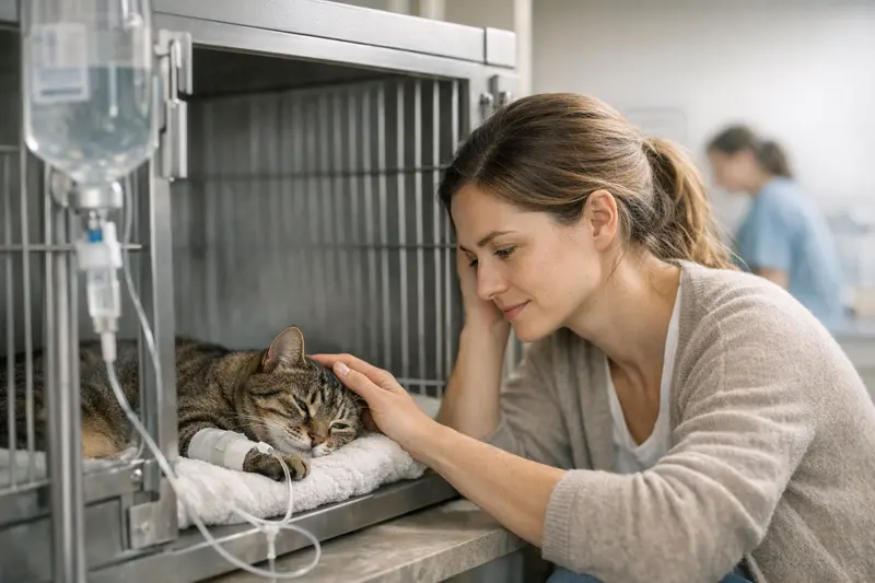 Katze liegt beruhigt in einer Tierarztpraxis während einer stationären Behandlung.