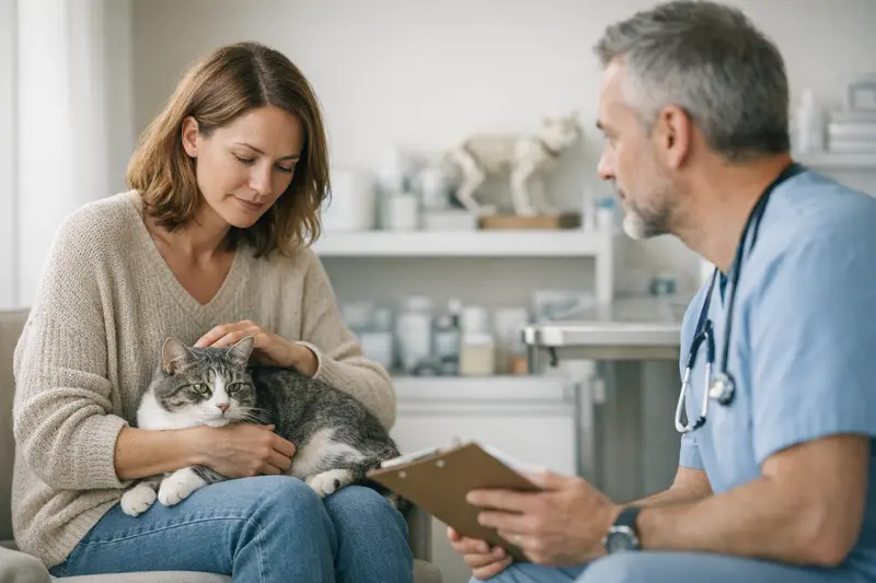 Eine Katze beim Tierarzt, die auf eine Untersuchung vorbereitend aufs Ganze schaut.