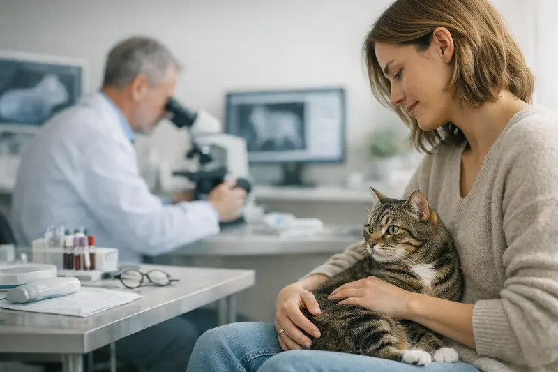 Diagnostik bei Katzenkrankenversicherung Tierarzt untersucht eine Katze zur Diagnostik durch Labor und Bildgebung.