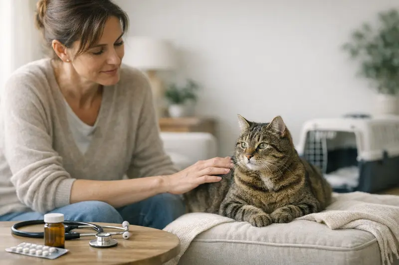 Ein gesundes Katzenwesen mit einem Tierarzt während einer Untersuchung.