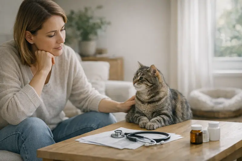 Tierarztuntersuchung Katze Eine Katze wird von ihrem Tierarzt untersucht, um Vorsorgeleistungen zu besprechen.
