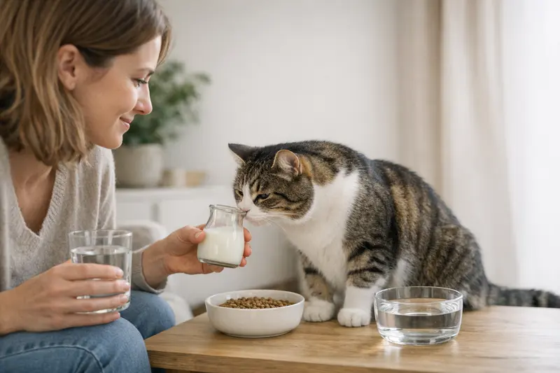 Katzen und Milch Eine Katze trinkt aus einem Wassernapf, während eine Schale mit Milch daneben steht.
