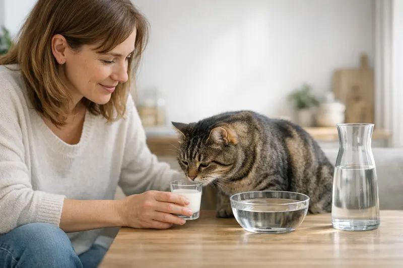 Katzen und Milch – Wasser ist die bessere Wahl Eine Katze trinkt Wasser aus einem Schälchen anstelle von Milch.