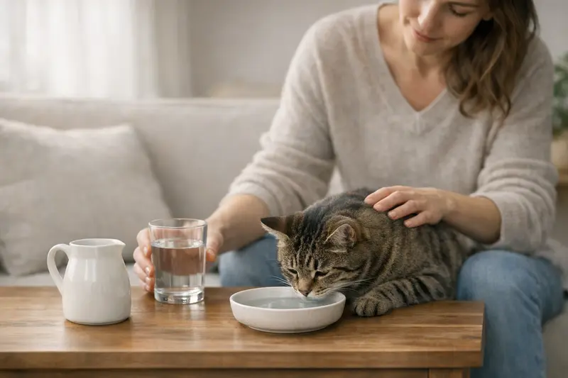 Katzen und Milch – Was ist zu beachten? Eine Katze sitzt neben einer Schale Wasser und schaut skeptisch auf eine Milchschale.