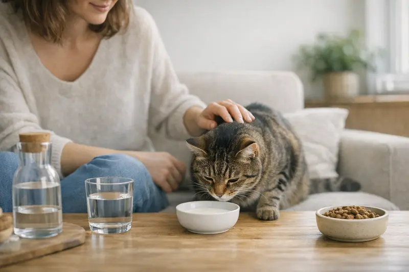 Katzen und Milch – Alternative Wasseraufnahme Eine Katze trinkt aus einem Wassernapf statt Milch, um gesunde Hydration zu gewährleisten.