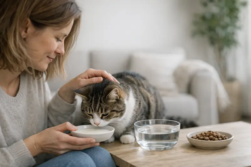 Katzenmilch als Option für dein Haustier Eine Katze trinkt aus einem feinen Schälchen spezielle Katzenmilch.
