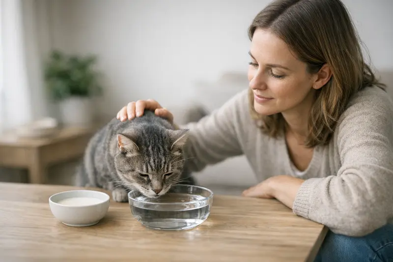 Katzenmilch - Verträglichkeit und Alternativen Eine Katze trinkt aus einem Schälchen mit spezieller Katzenmilch und schaut neugierig in die Kamera.