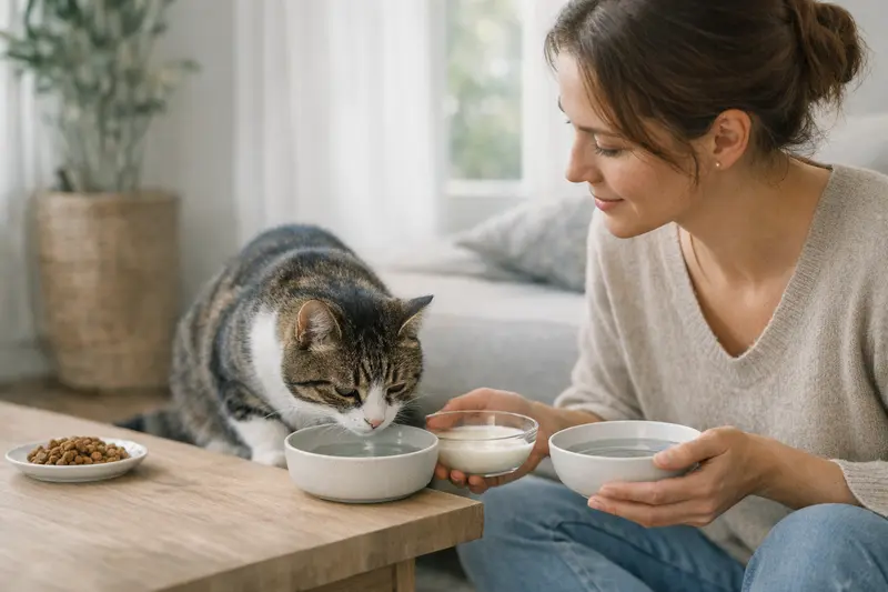 Katzenmilch und Wasser für Katzengesundheit Eine Katze trinkt aus einer Schüssel mit laktosereduzierter Katzenmilch und Wasser.
