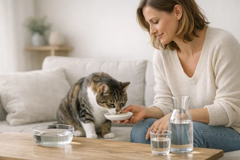 Katzen und laktosereduzierte Milch Eine Katze trinkt laktosereduzierte Milch aus einem Napf.