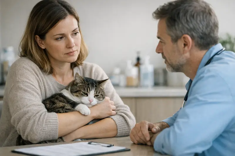 Katzen Durchfall und Erbrechen: Wann zum Tierarzt? Eine besorgte Katzenhalterin beobachtet ihre Katze mit Durchfall.