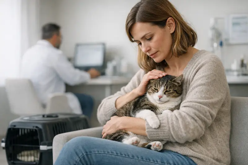 Eine besorgte Katze zeigt Anzeichen von Erbrechen und Durchfall, was eine Tierarztbesuch erforderlich macht.