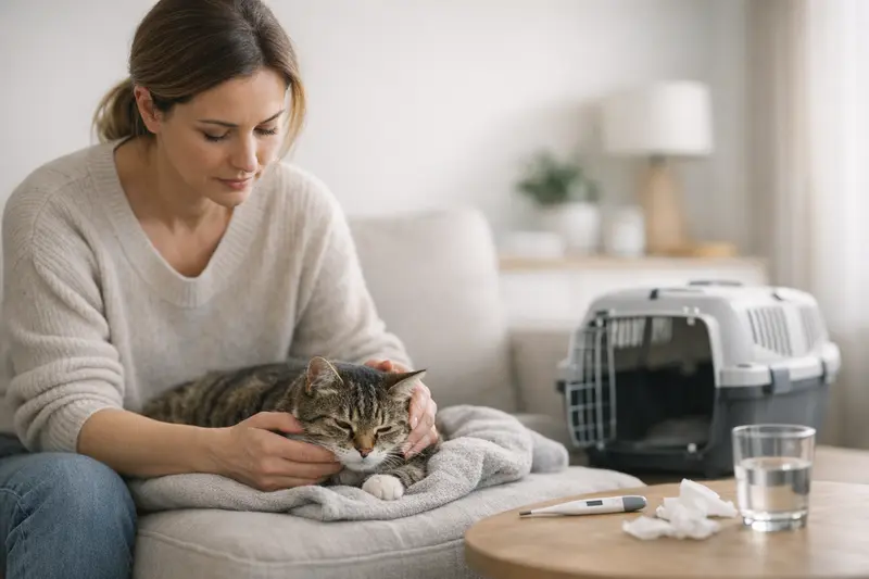 Katzenuntersuchung beim Tierarzt Eine Katze liegt entspannt in einer Tierarztpraxis, während ein Tierarzt sie untersucht.