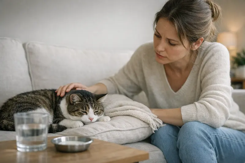 Eine Katze mit unruhigem Verhalten nach der Fütterung zeigt mögliche Unverträglichkeit.