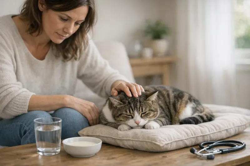 Eine Katze schaut besorgt aus ihrem Napf, als sie nach dem Trinken unruhig wird.