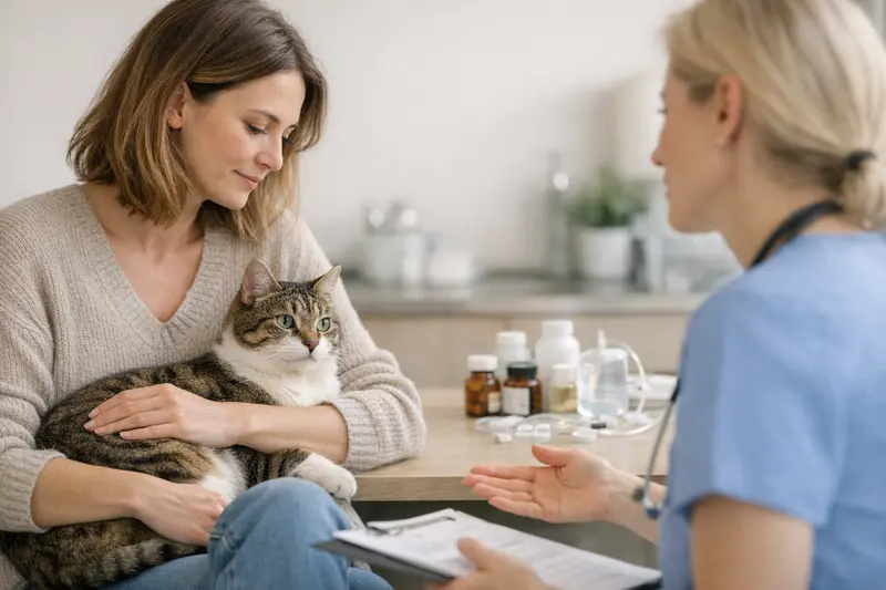 Katzenarztbesuch zur Magen-Darm-Behandlung Eine Katze wird von einem Tierarzt untersucht, während eine Besprechung über Magen-Darm-Behandlungen und Versicherungsoptionen stattfindet.
