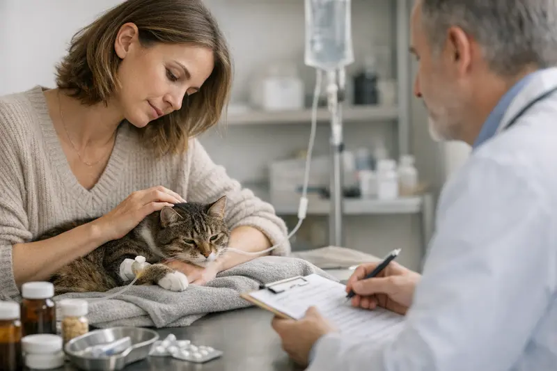 Tierarztbesuch bei Magen-Darm-Problemen Katzengesundheit: Ein Tierarzt untersucht eine Katze wegen Magen-Darm-Beschwerden.