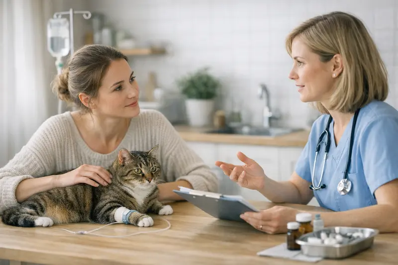 Versicherung für Magen-Darm-Behandlungen bei Katzen Tierärztin untersucht eine Katze mit Magen-Darm-Problemen und bespricht Behandlungskosten mit dem Halter.