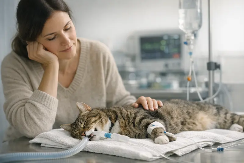 Kosten der Katzen-Narkose verstehen Tierärztin erklärt die Kosten einer Katzen-Narkose während einer Untersuchung.