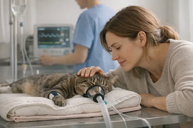 Sichere Narkose für Katzen beim Tierarzt Ein Tierarzt überwacht die Narkose einer Katze sicher und professionell.